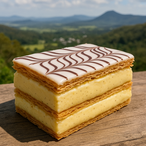 Handmade French vanilla slice (Mille-feuille) with layers of flaky puff pastry, real vanilla bean custard, and fondant icing, photographed  between Scenic Rim and Gold Coast Queensland.